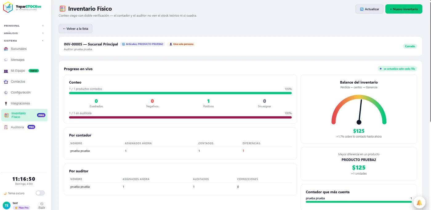 Inventario físico con progreso del conteo y balance del inventario