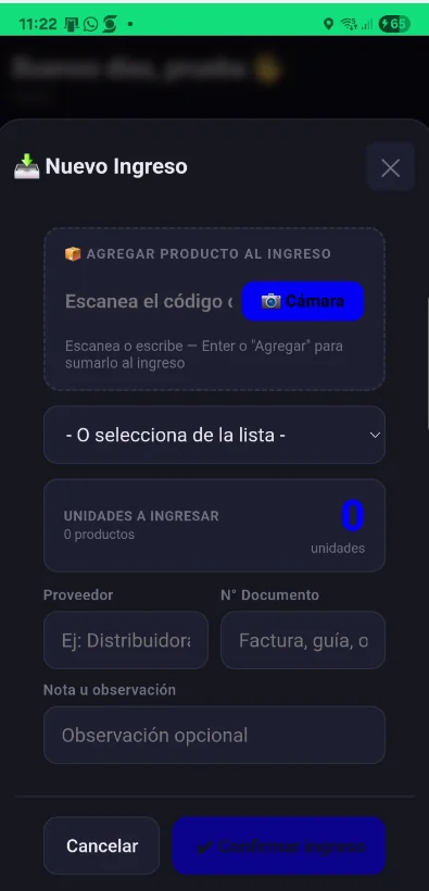 Pantalla Nuevo ingreso con escáner de código por cámara